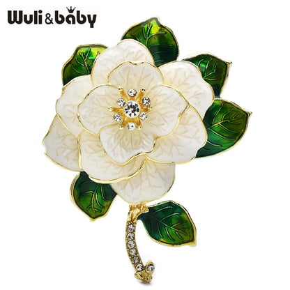 Wuli&baby Luxury Pretty Camellia Flower Brooches White Enamel Charming Plants Brooch For Women's Clothes Coat Pins Gifts