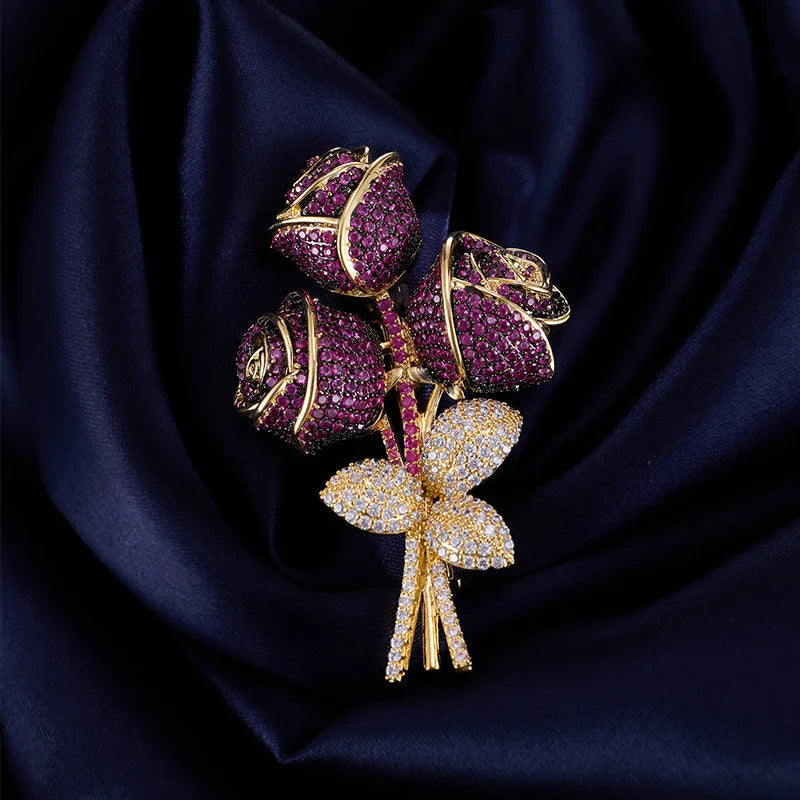 Luxurious heavy industry full of zircon rose bouquet brooch women's high-end elegant elegant evening coat accessories corsage