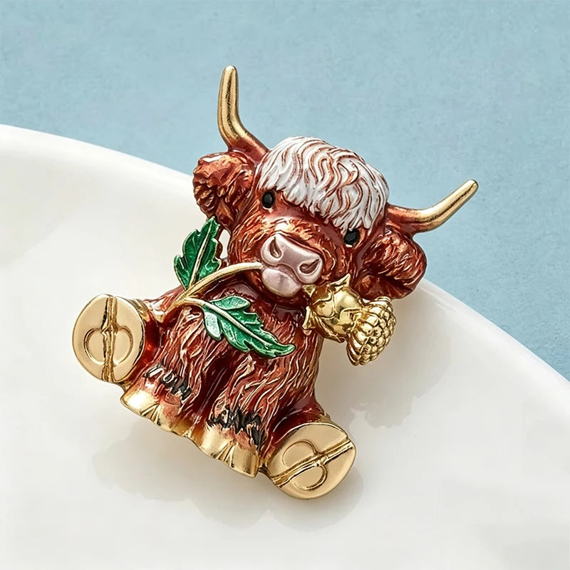 Wuli&baby Thistle Flower Cattle Brooches For Women Unisex Lovely Enamel Highland Cow Animal Party Casual Brooch Pin Gifts