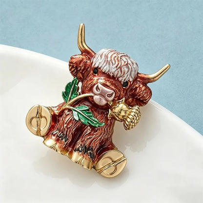 Wuli&baby Thistle Flower Cattle Brooches For Women Unisex Lovely Enamel Highland Cow Animal Party Casual Brooch Pin Gifts