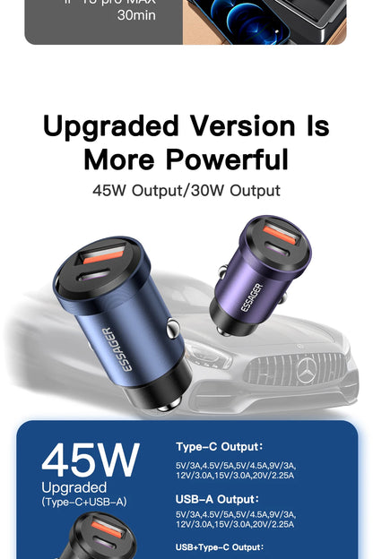 Essager USB C Car Charger 45W 5A Quick Charge 4.0 QC PD 3.0 SCP USB Type C Fast Charging For iPhone14 13 Huawei Samsung Xiaomi