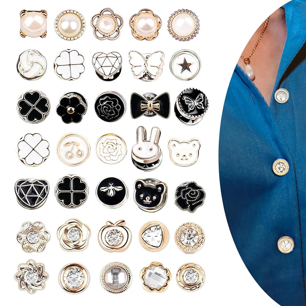 30PCS Pearl Brooch Buttons No Sew Removable Rhinestone Brooch Pins Replacement Safety Button For Clothing Shirt Dress Sweaters
