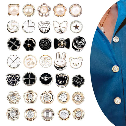 30PCS Pearl Brooch Buttons No Sew Removable Rhinestone Brooch Pins Replacement Safety Button For Clothing Shirt Dress Sweaters