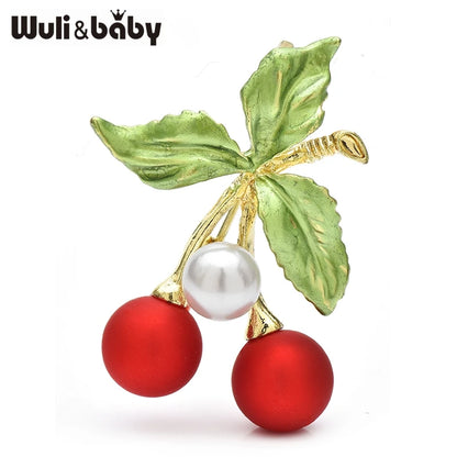 Wuli&baby Cute Red Cherry Brooches Pins For Women Unisex Beautiful Enamel Fruits Plants Party Casual Brooch Gifts