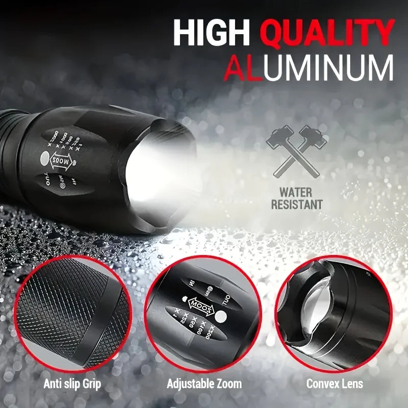 High Power T6 LED Flashlights Camping Torch 5 Light Modes Zoom Light Aluminum Alloys Waterproof Material External 18650 Battery