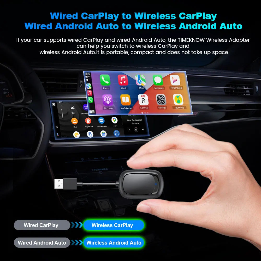 TIMEKNOW New 2 In1 CarPlay & Android Auto Mini Box Wireless CarPlay Adapter Wired to Wireless CarPlay For USB/Type C Dongle