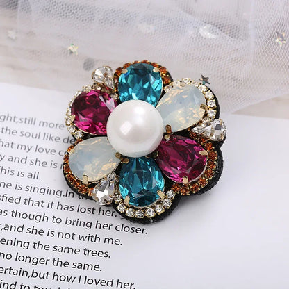 Elegant Geometric Crystal Stone Square Symmetrical Brooch Blue Green Large Rhinestone Cross Flower Pin with Clip for Women