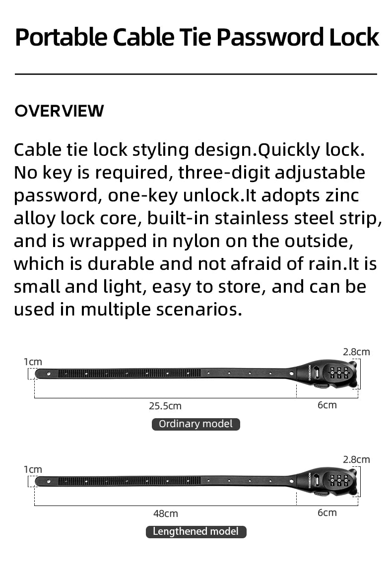 ROCKBROS Portable Bicycle Lock Cable Tie Zinc Alloy Lock Helmet Password Lock Anti-Theft Safety Freely Adjustable Rope Lock