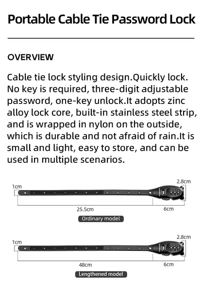 ROCKBROS Portable Bicycle Lock Cable Tie Zinc Alloy Lock Helmet Password Lock Anti-Theft Safety Freely Adjustable Rope Lock