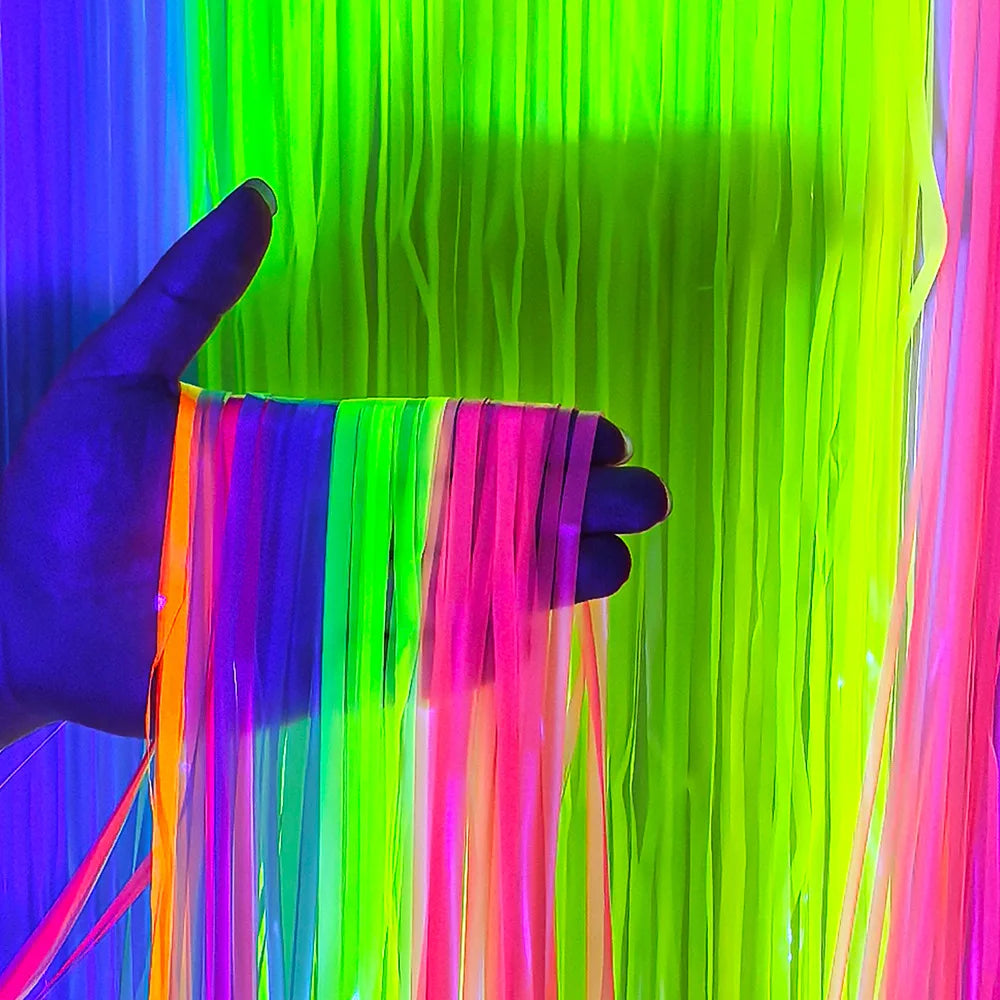 1*2M Fluorescent Macaron Rain Silk Curtain Foil Tassel Carnival Party Bar Birthday Party Halloween Decoration Backdrop Props