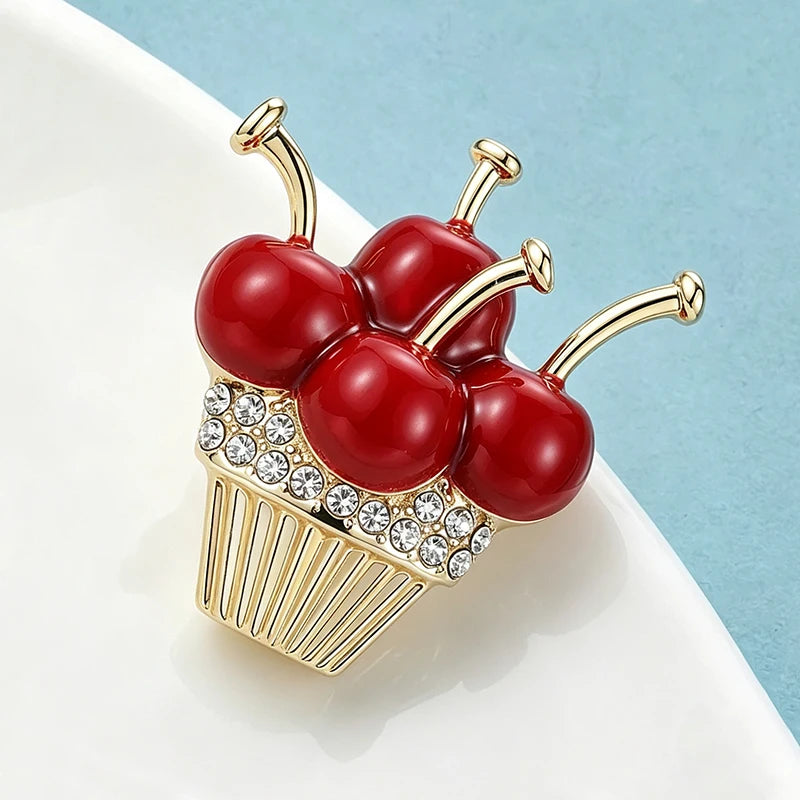Wuli&baby Adorable Cherry Cupcake Brooches For Women Unisex Rhinestone Enamel Fruits Dessert Party Brooch Pins New Year Gifts