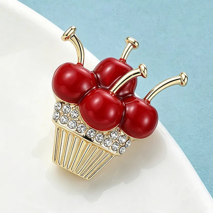 Wuli&baby Adorable Cherry Cupcake Brooches For Women Unisex Rhinestone Enamel Fruits Dessert Party Brooch Pins New Year Gifts