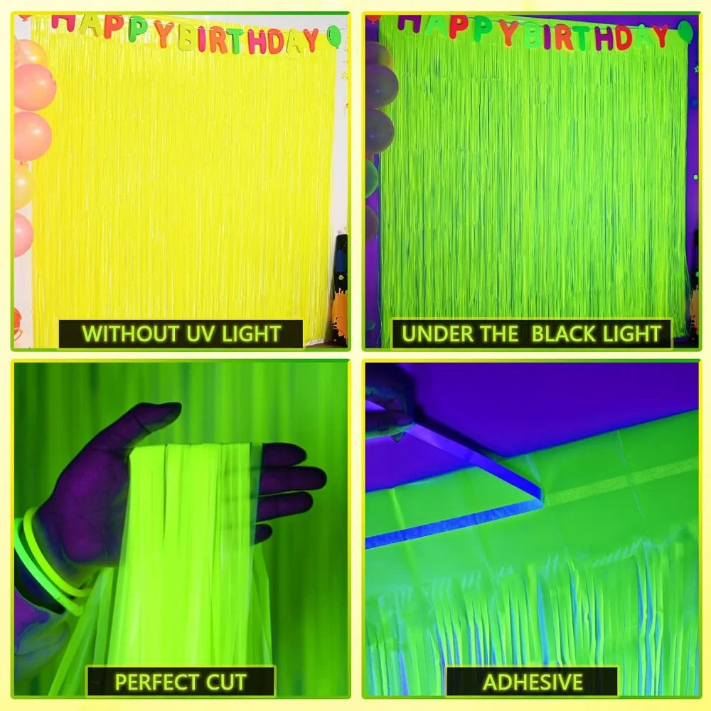 1*2M Fluorescent Macaron Rain Silk Curtain Foil Tassel Carnival Party Bar Birthday Party Halloween Decoration Backdrop Props