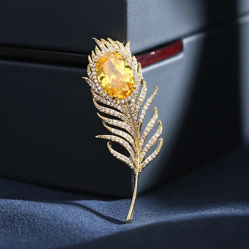 New Green Yellow Crystal Feather Lapel Pin for Women Men Inlaid Cubic Zirconia Coat Suit Accessories New Year Jewerly Gifts