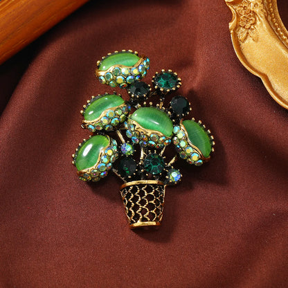 Creative Vintage Rhinestone Flower Brooches For Women Men Fashion Opal Stone Cactus Bouquet Brooch Lapel Pin Office Jewelry Gift