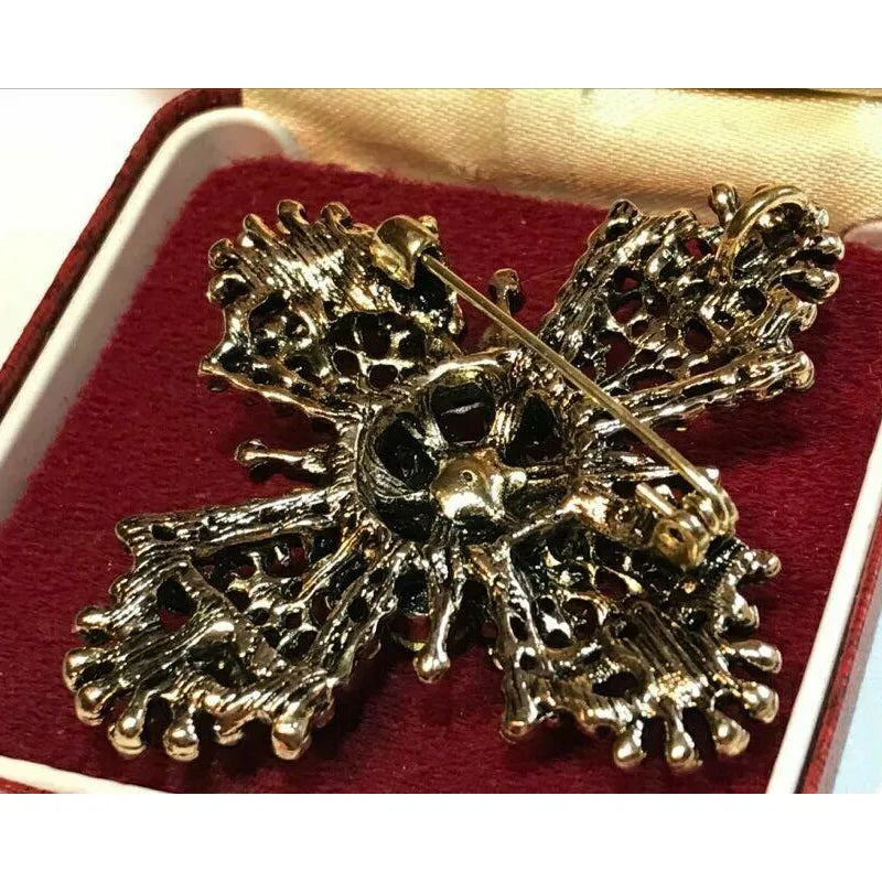 Vintage Style Red & Green Crystal Maltese Cross Brooch / Pendant Shawl Pin
