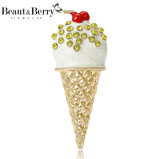 Beaut&Berry Trendy Enamel Rhinestone Ice Cream Brooches for Women Unisex Creative Pins Casual Party Jewelry Accessories Gifts