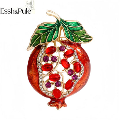 Essh&Pule Chinoiserie Pomegranate Brooch Red Enamel Rhinestone Fruit Lapel Pin Oriental Lucky Women Suit Coat Jewelry Gift