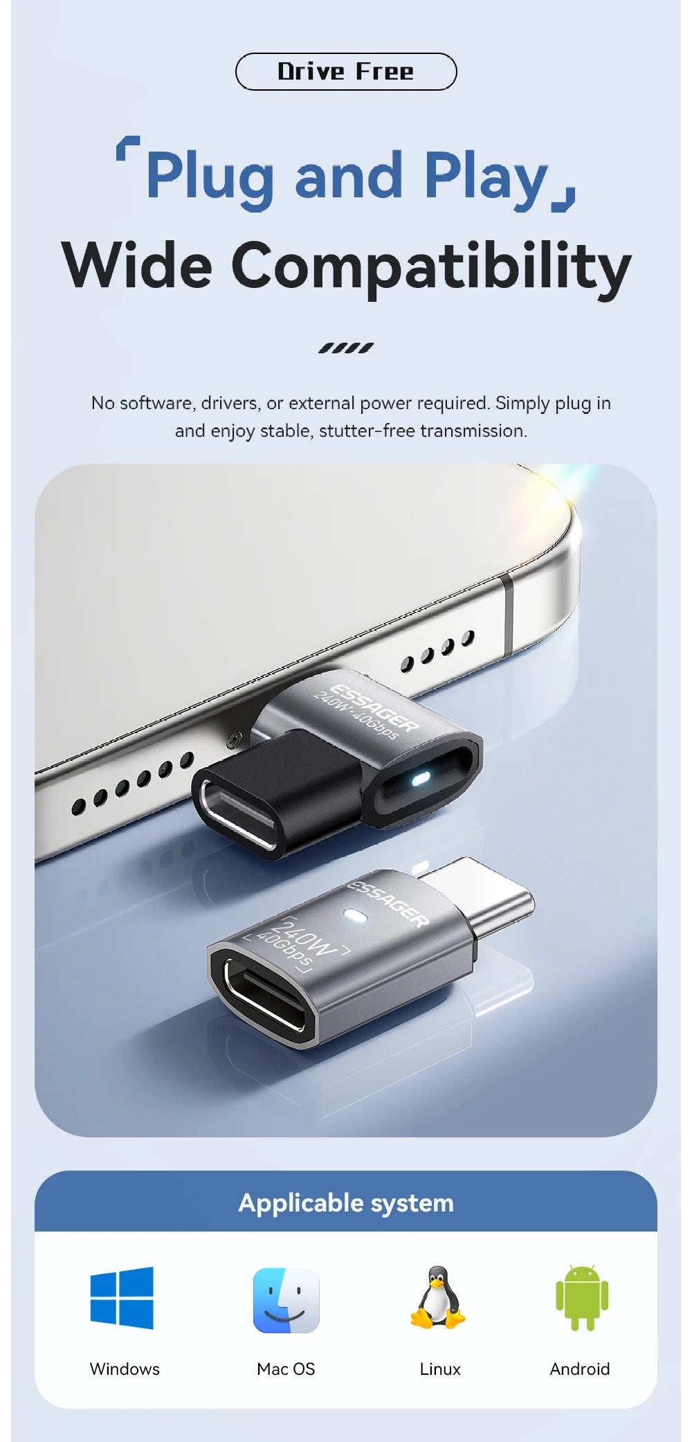Essager USB4.0 40Gbps OTG Adapter 240W Fast Charging Converter 90 Degree USB Type C Data Adapter For Phone Macbook Laptop 8K60Hz