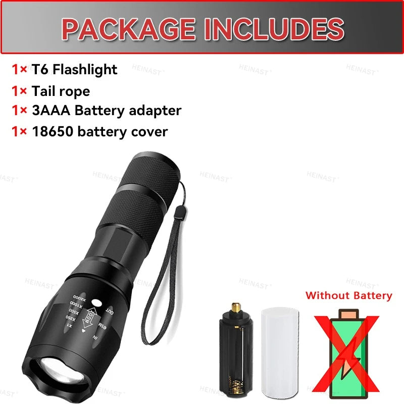 High Power T6 LED Flashlights Camping Torch 5 Light Modes Zoom Light Aluminum Alloys Waterproof Material External 18650 Battery