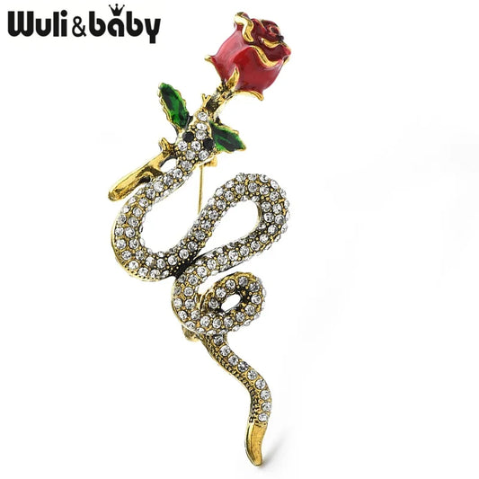 Wuli&baby Vintage Rose-flower And Snake Brooches For Women Unisex 2-color Alloy Rhinestone Animal Party Casual Brooch Pins Gifts