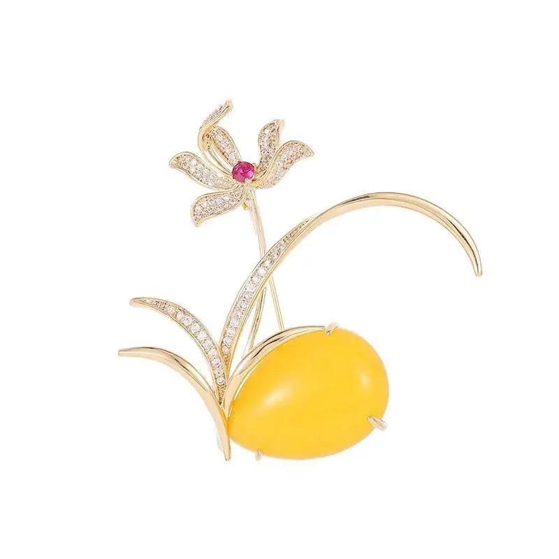Luxury Orchid Brooch With Yellow Amber And Red Gemstone Elegant Gold Plated Flower Brooch For Women Vintage Jewelry