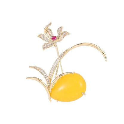 Luxury Orchid Brooch With Yellow Amber And Red Gemstone Elegant Gold Plated Flower Brooch For Women Vintage Jewelry