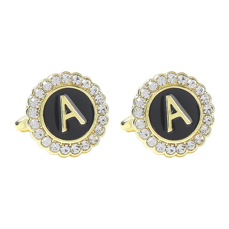 New Round Rhinestone Cufflinks for Men 26 English Letter Cuff Links Button French Business Accessories Gifts
