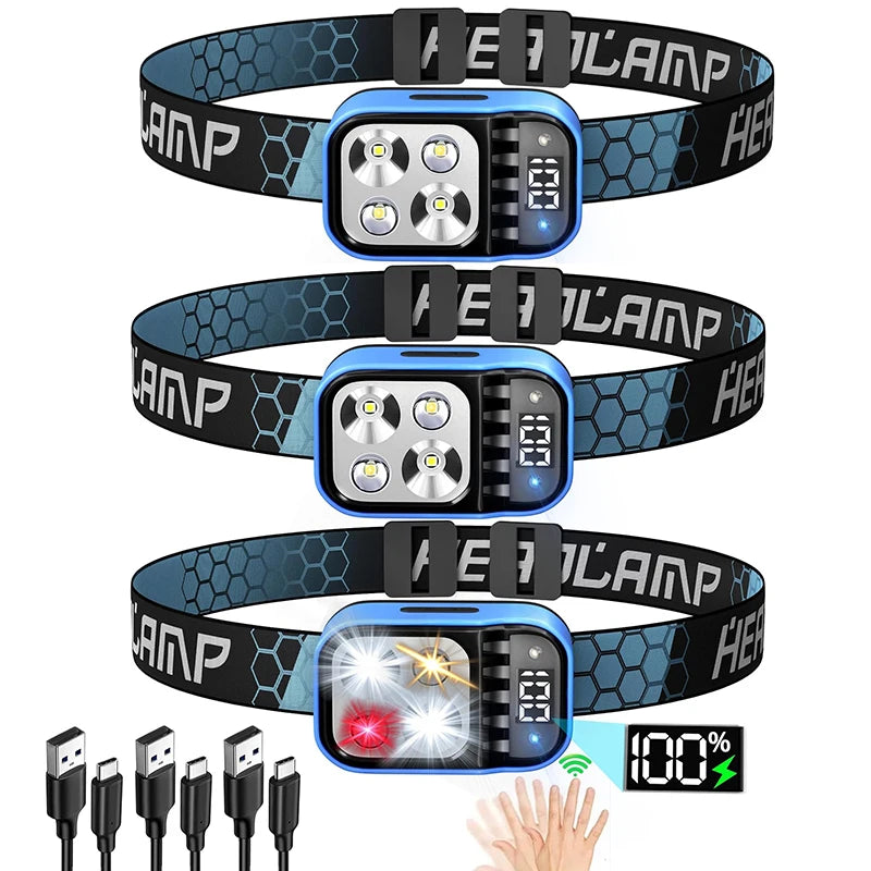 Rechargeable Fishing LED Headlamp With Sensors and Battery Indicator Super Bright Camping Light Using XPG+COB Lamp Beads