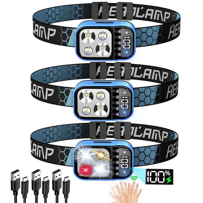 Rechargeable Fishing LED Headlamp With Sensors and Battery Indicator Super Bright Camping Light Using XPG+COB Lamp Beads