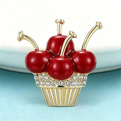 Wuli&baby Adorable Cherry Cupcake Brooches For Women Unisex Rhinestone Enamel Fruits Dessert Party Brooch Pins New Year Gifts