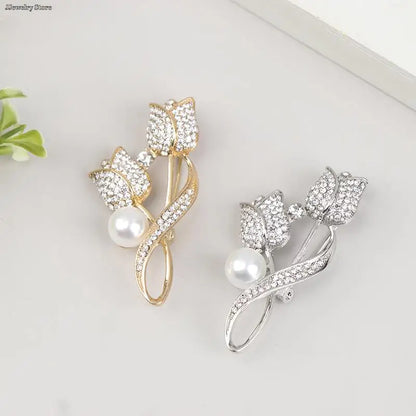 1pc Luxury New Tulip Flower Brooch Elegant Design Sense Rose White Stone Jewelry Collar Pin Jewelry