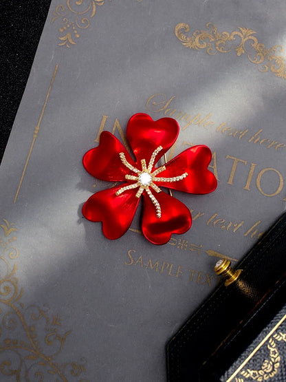 Elegant Rhinestone Flower Brooches for Lady Women Red Petals Pins Plants Party Office Jewelry Gifts
