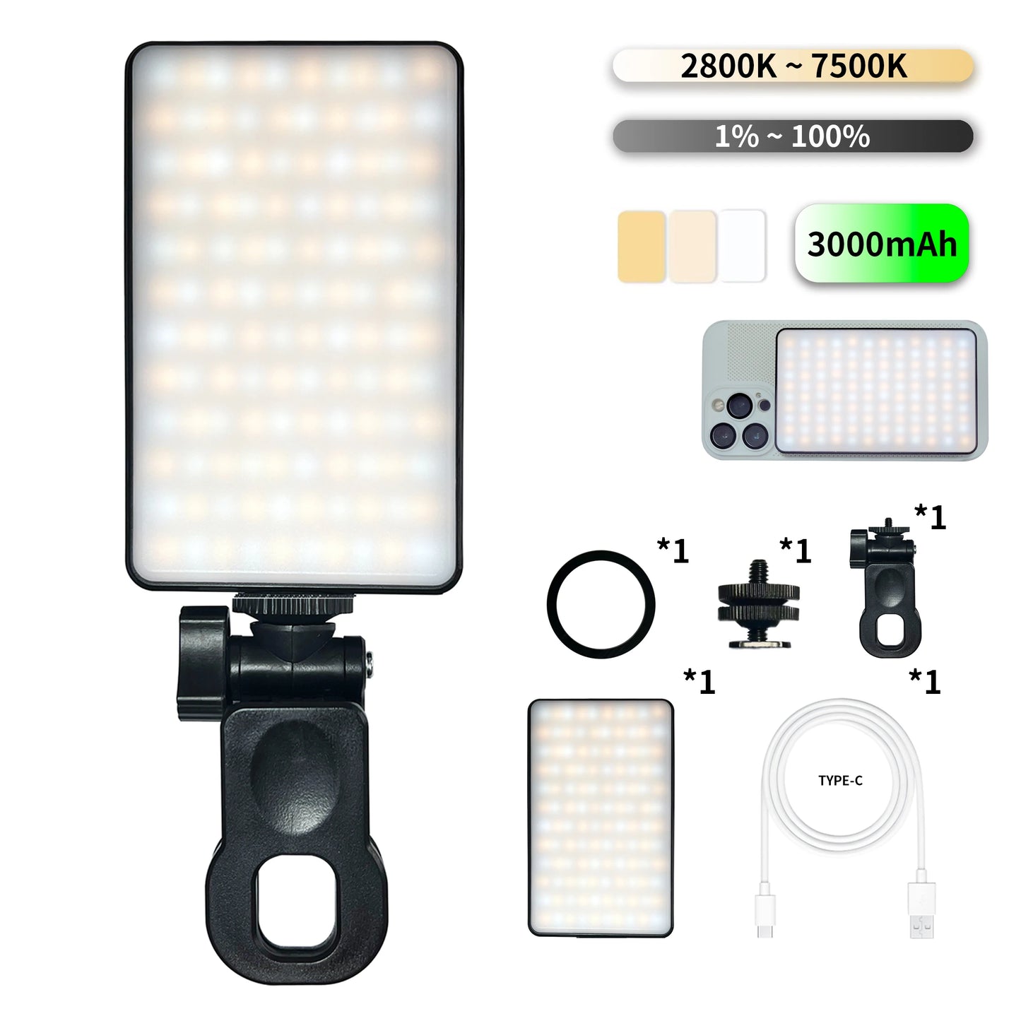 1pc Magnetic Fill Light,3000mAh Selfie Light,120LEDs,USB Charging,3 Light Modes,for Photography,Makeup,Video Conference,with Cli