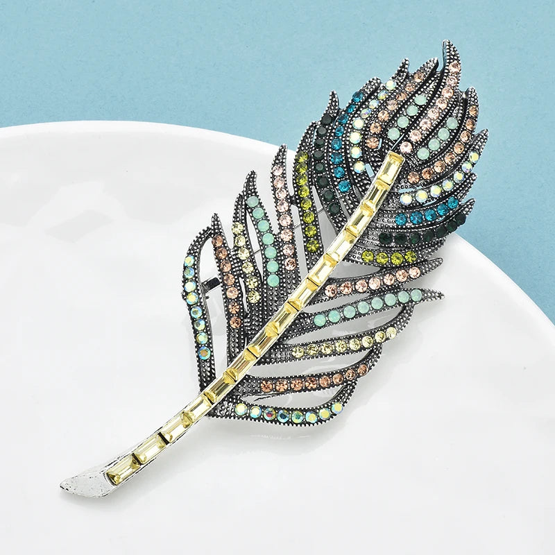 Wuli&baby Vintage Full-rhinestone Feather Brooches For Women Unisex Beautiful Leaf Flowers Party Office Brooch Pins Gifts