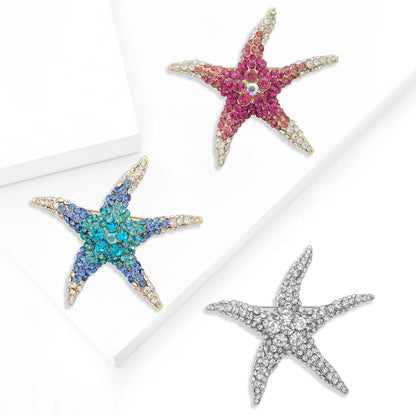 Beaut&Berry Luxury Rhinestone Starfish Brooches for Women Unisex Marine Life Pins Casual Party Jewelry Accessories Gifts