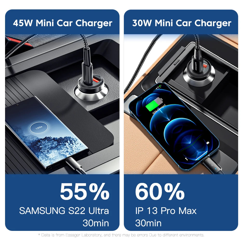 Essager USB C Car Charger 45W 5A Quick Charge 4.0 QC PD 3.0 SCP USB Type C Fast Charging For iPhone14 13 Huawei Samsung Xiaomi