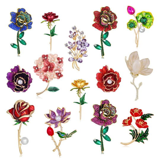 Vintage Sparkling Crystal Rose Hydrangea Magnolia Lotus Peony Poppy Flower Brooch Rhinestone Plant Pin Accessories Jewelry Gift