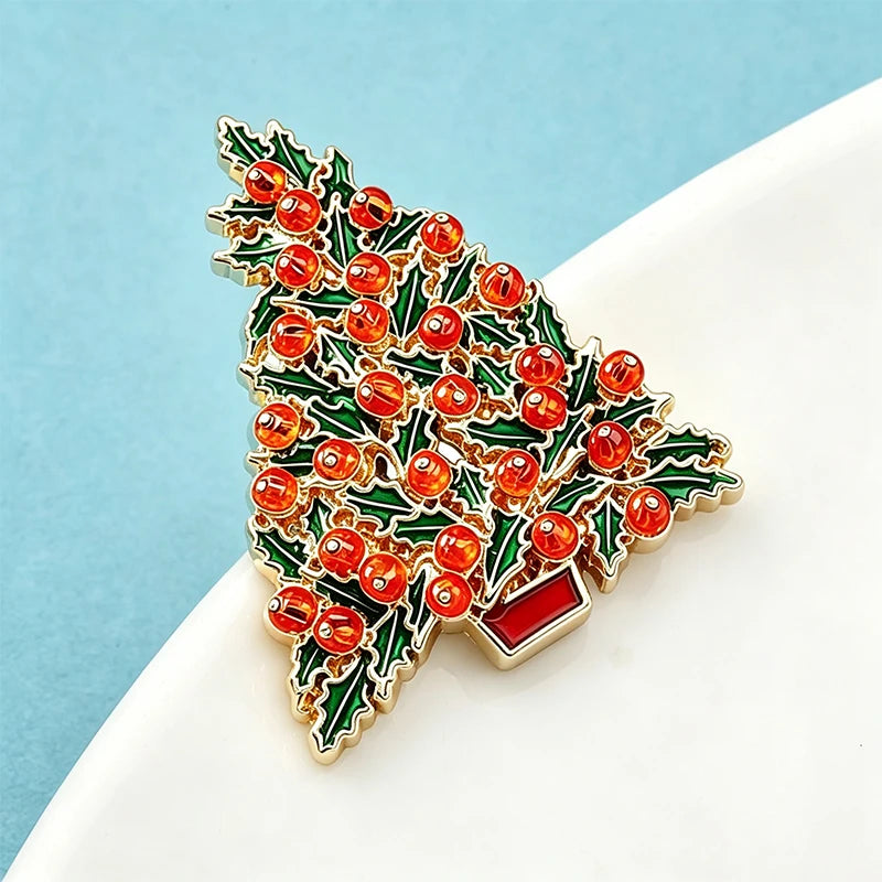 Wuli&baby Christmas Tree Brooches For Women Unisex Enamel Red-beads New Year Tree Party Casual Brooch Pin Gifts