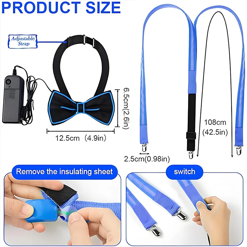 glowing Men's LED suspenders and luminous Bow Tie Adjustable Elastic Flashing Led Clothing for nightclub Party supplies