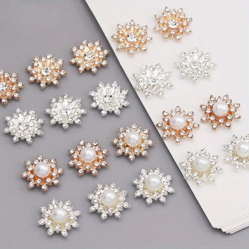 10pcs Snowflake Cabochon Metal Base Strass Glitter Rhinestone Buttons for Clothing Shoes Bags Accessories DIY Crafts