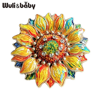 Wuli&baby Famous Painting Sunflower Brooches Pins For Women Unisex Enamel Beautiful Flower Brooch Pin Fashion Jewelry Gifts
