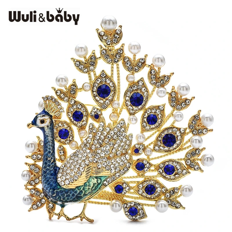 Wuli&baby Luxury Pearl Peacock Brooches For Women Lady Rhinestone Beautiful Bird Animal Party Office Brooch Pins Gifts