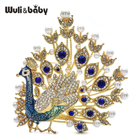 Wuli&baby Luxury Pearl Peacock Brooches For Women Lady Rhinestone Beautiful Bird Animal Party Office Brooch Pins Gifts
