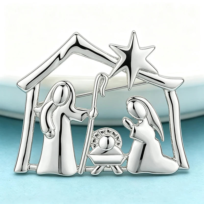 Wuli&baby Metal Nativity Scene Brooches For Women Men 2-color Star House Character Brooch Pins Christmas Gifts