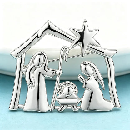 Wuli&baby Metal Nativity Scene Brooches For Women Men 2-color Star House Character Brooch Pins Christmas Gifts