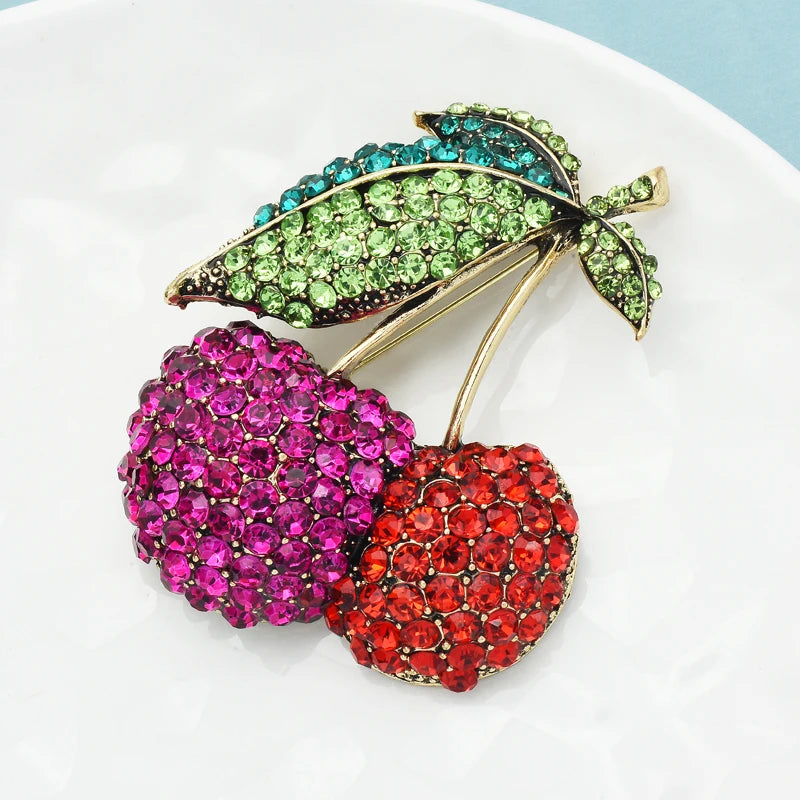 Wuli&baby Sparkling Big Cherry Brooches For Women Unisex Full Rhinestone Fruits Party Office Brooch Pin Gifts
