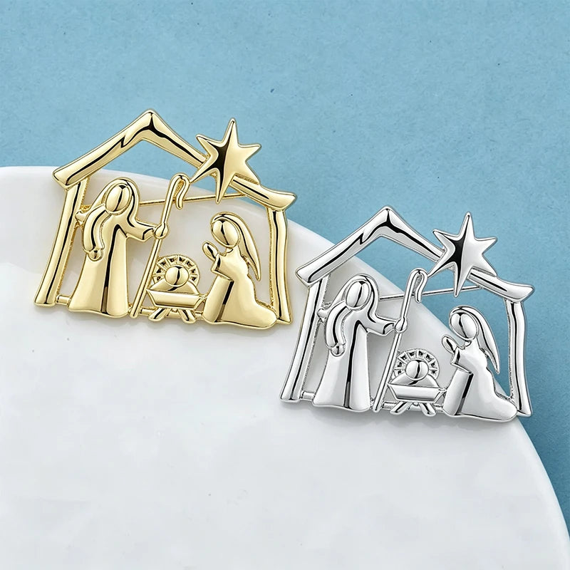 Wuli&baby Metal Nativity Scene Brooches For Women Men 2-color Star House Character Brooch Pins Christmas Gifts