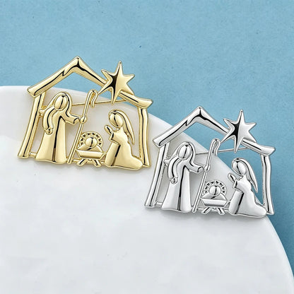 Wuli&baby Metal Nativity Scene Brooches For Women Men 2-color Star House Character Brooch Pins Christmas Gifts