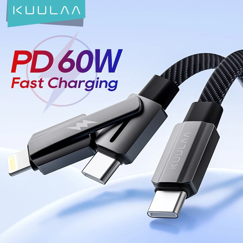 KUULAA 2 in 1 USB C Cable 60W PD Fast Charging Wire for iPhone 15 14 Pro Max iPad HUAWEI Xiaomi Tablets Type C Cable